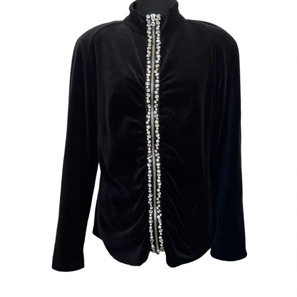 Neiman Marcus Exclusive Black Velvet Rhinestone Zip Up Jacket Vintage Regal L - Picture 1 of 8